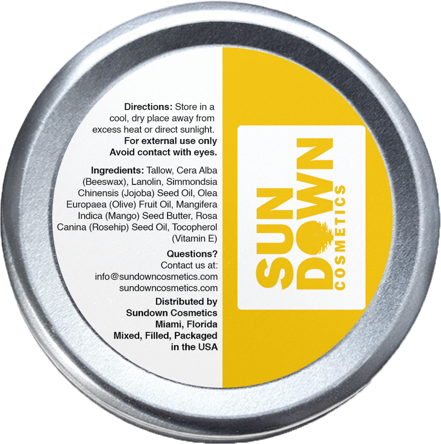 Sundown Cosmetics product container with back label on a white background