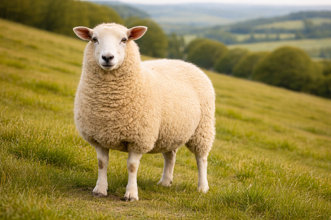 Sheep on hilly green grass pasture