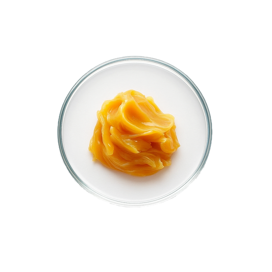 A petri dish with orange lanolin wax