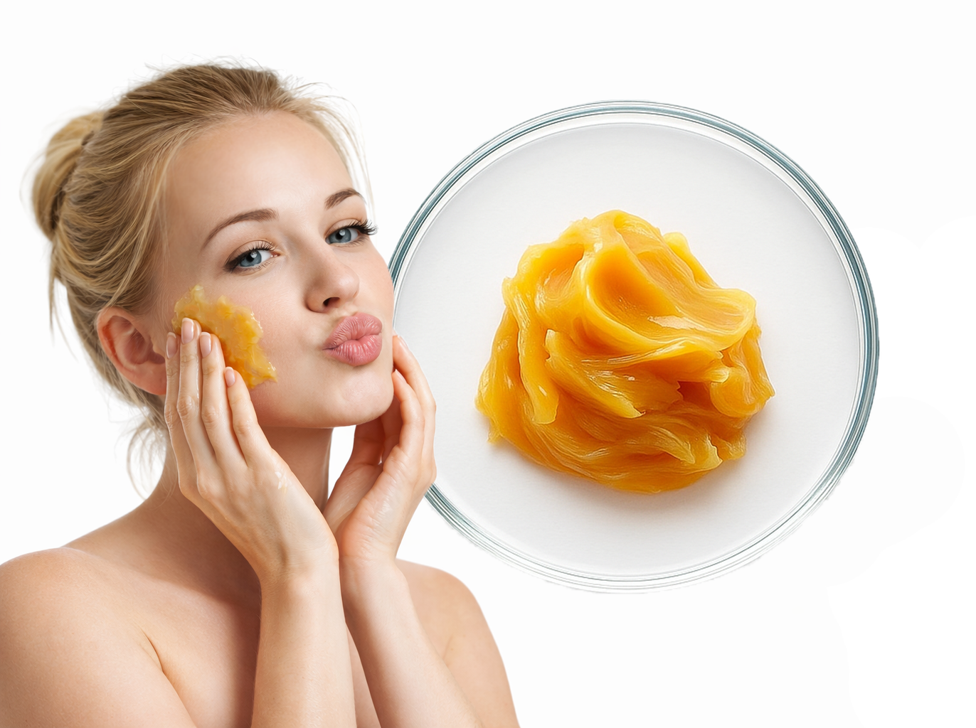Woman applying lanolin to her face with a petri dish of lanolin wax