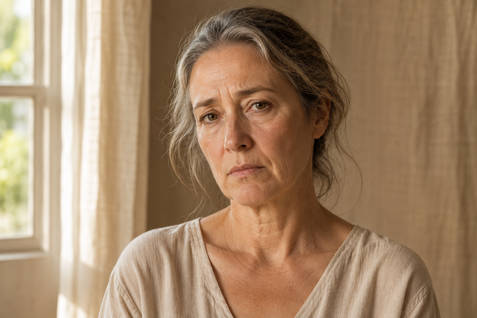 Woman with gray hair wearing a beige shirt in a softly lit room.