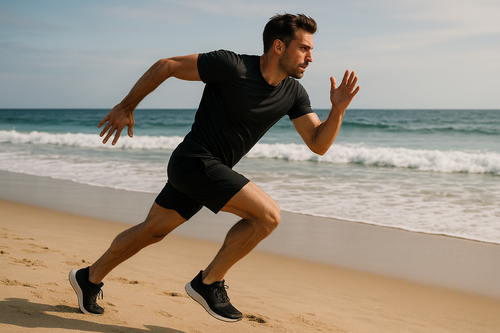 Man running sideways on beach